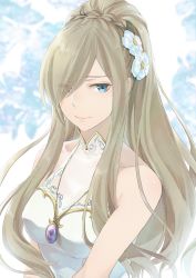 Rule 34 | 1girl, blue eyes, braid, brown hair, dress, flower, hair flower, hair ornament, hair over one eye, isa (peien516), jewelry, long hair, pendant, ponytail, solo, strapless, strapless dress, tales of (series), tales of the abyss, tear grants, white dress