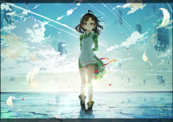 Rule 34 | 1girl, ahoge, apron, arms behind back, backlighting, black border, black footwear, black hair, blue eyes, blue sky, blush, border, bouquet, building, closed mouth, cloud, cluseller, contrail, day, dress, female focus, flat chest, floating, floating object, flower, full body, gradient sky, green dress, hair intakes, half-closed eyes, happy, heel up, highres, holding, japanese text, kemurikusa, lens flare, lily (flower), long hair, long sleeves, looking at viewer, nose blush, outdoors, petals, pink flower, red flower, red ribbon, red rose, reflection, ribbon, riri (kemurikusa), rose, scenery, shoes, short dress, sky, skyscraper, smile, solo, spoilers, standing, striped clothes, striped dress, sun, sunlight, sunrise, tears, translation request, white flower
