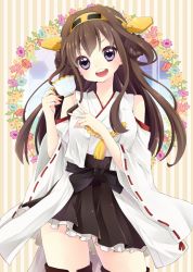Rule 34 | &gt;:d, 10s, 1girl, :d, bare shoulders, black skirt, brown hair, contrapposto, cup, detached sleeves, double bun, eyelashes, frilled skirt, frills, hakama, hakama short skirt, hakama skirt, happy, headgear, high-waist skirt, japanese clothes, kantai collection, kimono, kongou (kancolle), kuune rin, long hair, looking at viewer, open mouth, purple eyes, ribbon-trimmed sleeves, ribbon trim, round teeth, sidelocks, skirt, smile, solo, standing, tassel, teacup, teeth, thighhighs, thighs, v-shaped eyebrows, zettai ryouiki