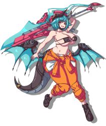 Rule 34 | 1girl, bikini, bikini top only, black bikini, blue hair, breasts, brups tv, commentary, commission, curvy, dragon tail, dragon wings, english commentary, highres, holding, holding sword, holding weapon, jumpsuit, jumpsuit around waist, large breasts, looking to the side, mecha musume, mechanical tail, mechanical wings, midriff, navel, open mouth, orange eyes, original, shoes, short hair, smile, sneakers, solo, swimsuit, sword, tail, weapon, wide hips, wings