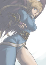 Rule 34 | 1girl, angel wings, black wings, blonde hair, blush, boots, breasts, breath of fire, breath of fire ii, bridal gauntlets, dress, female focus, green eyes, knee boots, large breasts, large wings, legs, long hair, long legs, nina (breath of fire ii), no panties, side slit, sidelocks, solo, thigh boots, thighhighs, thighs, tsubasatsukinoa, wings, yokutsuki noa