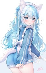 Rule 34 | 1girl, absurdres, animal ear fluff, animal ears, apron, ass, blue eyes, blue hair, blue jacket, blush, cat ears, cat girl, cat tail, commentary request, commission, frilled apron, frills, from behind, gradient background, grey background, hair between eyes, highres, indie virtual youtuber, jacket, jacket tug, jersey maid, long hair, long sleeves, maid, natsumiya ramune, open mouth, puffy long sleeves, puffy sleeves, rucaco, signature, skeb commission, solo, sweat, tail, track jacket, translation request, two side up, unconventional maid, very long hair, virtual youtuber, wavy mouth, white apron, white background