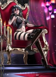 Rule 34 | 1girl, artist name, bare shoulders, black choker, black footwear, black gloves, black hair, boots, breasts, candle, candle wax, chair, choker, criss-cross halter, crossed legs, curtains, demon girl, forehead, full body, gloves, hair between eyes, halterneck, hand up, high heel boots, high heels, highres, light particles, long hair, looking at viewer, medium breasts, navel, open mouth, original, red eyes, ringeko-chan, sitting, slit pupils, solo, sparkle, teeth, thigh boots, thighs, upper teeth only