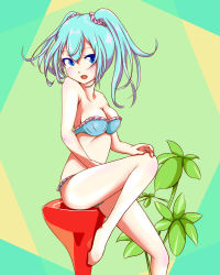 Rule 34 | 00s, 1girl, bikini, blue eyes, blue hair, breasts, cleavage, hatsune miku, long hair, matching hair/eyes, medium breasts, microsd (pibo), open mouth, scrunchie, sitting, solo, stool, swimsuit, twintails, vocaloid
