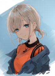Rule 34 | 1girl, blonde hair, blue background, blue eyes, blue jacket, character request, copyright request, hair ornament, hairclip, jacket, looking at viewer, low twintails, orange shirt, shirt, short hair, short twintails, simple background, smile, solo, takeashiro, twintails, upper body