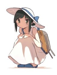 Rule 34 | 1girl, alternate costume, bare arms, bare shoulders, black hair, blue footwear, blush, closed mouth, dress, fubuki (kancolle), full body, green eyes, hat, highres, kantai collection, long hair, ma rukan, shoes, short ponytail, signature, simple background, solo, sundress, white background, white dress, white hat