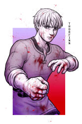 Rule 34 | 1boy, blood, blood on arm, blood on clothes, blood on face, blood on hands, character name, clenched hand, commentary, english commentary, facial scar, fighting stance, highres, male focus, nosebleed, renedraws, scar, scar on cheek, scar on face, serious, sleeves rolled up, solo, thorfinn, upper body, vinland saga