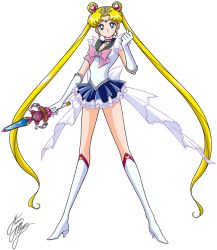 Rule 34 | 1girl, bishoujo senshi sailor moon, blonde hair, blue eyes, blue sailor collar, blue skirt, boots, bow, brooch, choker, clenched hand, double bun, earrings, elbow gloves, frills, full body, gloves, hair bun, heart, heart brooch, holding, holding sword, holding weapon, jewelry, knee boots, long hair, long legs, magical girl, marco albiero, pink bow, pleated skirt, pretty guardian sailor moon, princess sailor moon, princess sword, sailor collar, sailor moon, serious, signature, skirt, solo, standing, sword, tiara, tsukino usagi, twintails, very long hair, weapon, white background, white bow, white footwear, white gloves