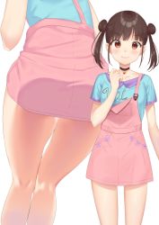Rule 34 | 1girl, ass, black choker, blue shirt, blush, brown eyes, brown hair, choker, closed mouth, clothes writing, collarbone, collared shirt, double bun, hair bun, heart, heart choker, idolmaster, idolmaster shiny colors, k mugura, looking at viewer, multiple views, overall skirt, shirt, short sleeves, sidelocks, simple background, smile, sonoda chiyoko, twintails, white background