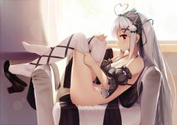 Rule 34 | 1girl, absurdres, ahoge, armchair, ass, bad id, bad pixiv id, black bow, black bra, black footwear, black ribbon, bow, bra, breasts, chair, closed mouth, collarbone, commentary request, curtains, day, dress, eyelashes, feet, fingernails, frilled bra, frills, hair between eyes, hair ornament, hairband, hand on own knee, heart, heart ahoge, high heels, highres, indoors, knees up, legs, lens flare, lolita hairband, long hair, looking at viewer, lying, medium breasts, nail polish, niliu chahui, on back, original, pink nails, pulled by self, pumps, red eyes, ribbon, shoe dangle, shoes, sidelocks, silver hair, single shoe, solo, thighhighs, thighhighs pull, thighs, tokisaki mio (niliu chahui), two side up, underwear, unworn dress, very long hair, white thighhighs, window, x hair ornament