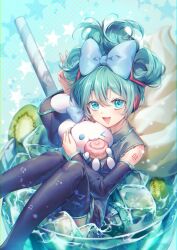 Rule 34 | &gt; o, 1girl, alternate hairstyle, aqua eyes, aqua hair, arm tattoo, beamed eighth notes, bow, cinnamiku, cinnamoroll, commentary, cosplay, detached sleeves, double bun, drinking straw, eighth note, food, fruit, hair bow, hair bun, hatsune miku, hatsune miku (cosplay), ice, ice cube, kiwi (fruit), kiwi slice, mini person, minigirl, miniskirt, musical note, one eye closed, open mouth, pleated skirt, polka dot, polka dot background, sanrio, shirt, siaoyu, signature, skirt, sleeveless, sleeveless shirt, smile, solo, star (symbol), starry background, tattoo, thighhighs, v, vocaloid