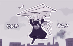 Rule 34 | 1girl, black dress, black leggings, choujin x, cityscape, dress, flying, holding, holding paper airplane, holding scissors, leggings, mask, mouth mask, paper airplane, pencil 15, ririka umezawa, scissors, skyline, smoke, smokestack, tower, translation request, twintails