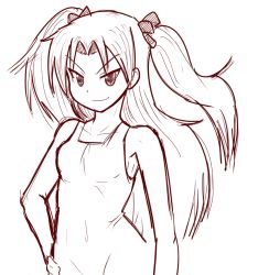 Rule 34 | 10s, 1girl, bare shoulders, bow, competition swimsuit, eyebrows, flat chest, hair bow, hand on own hip, long hair, mahou shoujo madoka magica, mike angel, mikeangel05, monochrome, one-piece swimsuit, sakura kyoko, sketch, smile, solo, swimsuit, two side up