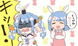 Rule 34 | 2girls, animal ears, apron, arm over head, bob cut, braid, covering own ears, dress, embarrassed, gloom (expression), hand on own cheek, hand on own ear, hand on own face, highres, hololive, mother and daughter, multiple girls, pekomama, rabbit background, rabbit ears, rabbit girl, shaded face, sleepyowl (jobkung15), translated, twin braids, usada pekora, usada pekora (1st costume), virtual youtuber, white background, white dress