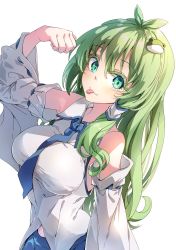 Rule 34 | 1girl, :p, antenna hair, arm up, bare shoulders, blue necktie, blue skirt, blush, breasts, collared shirt, colored eyelashes, commentary request, darjeeling (reley), detached sleeves, frog hair ornament, green eyes, green hair, hair between eyes, hair ornament, hair tubes, hairclip, highres, kochiya sanae, large breasts, long hair, long sleeves, necktie, nontraditional miko, revision, ribbon-trimmed sleeves, ribbon trim, shirt, sidelocks, skirt, sleeveless, sleeveless shirt, snake hair ornament, solo, tongue, tongue out, touhou, upper body, white background, white shirt, wide sleeves