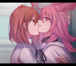 Rule 34 | 2girls, aoki shizumi, bad id, bad pixiv id, commentary request, covered mouth, fate/grand order, fate (series), fujimaru ritsuka (female), hair ornament, hair scrunchie, hand on another&#039;s head, hildr (fate), letterboxed, multiple girls, one side up, pink hair, red eyes, scrunchie, sideways glance, sweat, upper body, valkyrie (fate), yuri