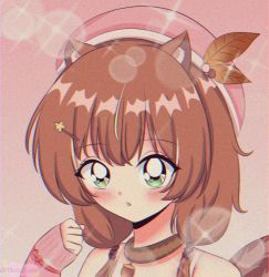 Rule 34 | 1990s (style), 1girl, :o, acorn, animal ear fluff, animal ears, ayunda risu, ayunda risu (1st costume), blush, clenched hand, commentary, english commentary, fur choker, hair ornament, hairclip, hat, highres, hololive, hololive indonesia, leaf hair ornament, lens flare, looking at viewer, nakamura hikari, open mouth, pink background, pink hat, pink sweater, retro artstyle, sleeves past wrists, solo, sparkle, squirrel ears, squirrel tail, sweater, tail, twintails, virtual youtuber