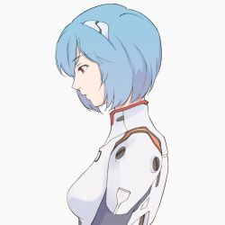 Rule 34 | 1girl, ayanami rei, blue hair, bodysuit, breasts, closed mouth, commentary, english commentary, from side, hair ornament, interface headset, miura-n315, neon genesis evangelion, plugsuit, red eyes, short hair, simple background, solo, white background, white bodysuit