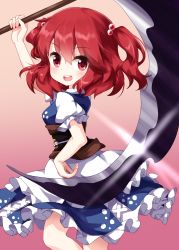 Rule 34 | 1girl, blue dress, brown sash, coin, cowboy shot, dress, from side, gradient background, hair between eyes, hair bobbles, hair ornament, highres, holding, holding scythe, looking at viewer, medium hair, obi, onozuka komachi, open mouth, pink background, puffy short sleeves, puffy sleeves, red eyes, red hair, ruu (tksymkw), sash, scythe, short sleeves, solo, standing, teeth, touhou, two side up, v-shaped eyebrows