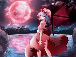 Rule 34 | 1girl, ascot, bad id, bad pixiv id, bat wings, blue hair, brooch, expressionless, full moon, hat, hat ribbon, highres, jewelry, lake, looking at viewer, looking back, mob cap, moon, night, night sky, outdoors, puffy short sleeves, puffy sleeves, red eyes, red moon, reflection, remilia scarlet, ribbon, sakizaki saki-p, short hair, short sleeves, skirt, skirt set, sky, solo, touhou, water, wings