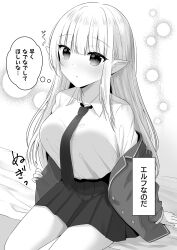 Rule 34 | 1girl, :o, blazer, blush, breasts, collared shirt, comic, elf, greyscale, highres, hinanosuke, jacket, long hair, long sleeves, medium breasts, monochrome, necktie, off shoulder, open clothes, open jacket, original, parted lips, pleated skirt, pointy ears, school uniform, shirt, sitting, skirt, solo, translation request, very long hair, white background