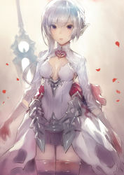 Rule 34 | 1girl, armor, armored dress, asymmetrical hair, black eyes, blush, breasts, center opening, cleavage, commentary request, dress, gloves, long sleeves, looking at viewer, matsuda (matsukichi), petals, sinoalice, skirt, snow white (sinoalice), solo, sword, thighhighs, weapon, white dress, white hair