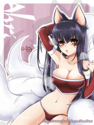 Rule 34 | 1girl, adapted costume, ahri (league of legends), alternate costume, amoheavell, animal ears, arm behind head, arm up, bare shoulders, breasts, cleavage, collarbone, crop top, detached sleeves, facial mark, fox ears, fox tail, large breasts, league of legends, long hair, midriff, multiple tails, navel, open mouth, purple hair, solo, tail, watermark, web address, whisker markings, yellow eyes