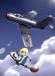 Rule 34 | 1girl, airbrake, aircraft, airplane, blonde hair, broom, broom riding, cloud, day, dress, fighter jet, hair over one eye, inui (jt1116), jet, mig-15, military, military vehicle, open mouth, original, pantyhose, red star, retro artstyle, short hair, solo, soviet, star (symbol), surprised, vehicle focus, witch