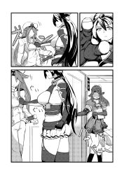 Rule 34 | 10s, 3girls, black hair, grabbing another&#039;s breast, comic, female admiral (kancolle), gloves, grabbing, greyscale, hat, headgear, highres, jintsuu (kancolle), kantai collection, long hair, military, military uniform, monochrome, multiple girls, nagato (kancolle), naval uniform, peaked cap, shousetsu, sword, translation request, uniform, weapon