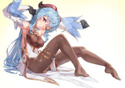 Rule 34 | 1girl, absurdres, ahoge, armpits, bare shoulders, bbeennoodle, bell, black gloves, black pantyhose, blue hair, blush, bodysuit, breasts, closed mouth, covered erect nipples, cowbell, detached sleeves, ganyu (genshin impact), genshin impact, gloves, goat horns, gradient background, highres, horns, knees up, long hair, long sleeves, looking at viewer, medium breasts, no shoes, one eye closed, pantyhose, purple eyes, simple background, sitting, solo, stretching