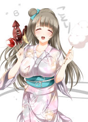Rule 34 | 10s, 1girl, :d, ^ ^, bad id, bad pixiv id, banana, bird, breasts, brown hair, candy apple, character name, chocolate banana, closed eyes, cotton candy, closed eyes, food, fruit, ikayaki, japanese clothes, kimono, large breasts, long hair, love live!, love live! school idol festival, love live! school idol project, minami kotori, minamon (vittel221), open mouth, smile, squid