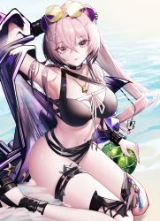 Rule 34 | 1girl, absurdres, animal ears, arknights, arm behind head, bikini, black bikini, black choker, black footwear, breasts, chinese commentary, choker, cleavage, commentary request, eyewear on head, food, fruit, hair between eyes, highres, huge filesize, large breasts, lin (arknights), long hair, looking at viewer, mouse ears, navel, official alternate costume, pink eyes, pink hair, purple shirt, rib (rib delesetong), shirt, sitting, solo, stomach, sunglasses, swimsuit, thigh strap, thighs, wariza, water, watermelon