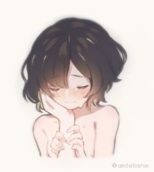 Rule 34 | 1girl, 1other, black hair, blush, completely nude, cropped torso, crying, closed eyes, hand on another&#039;s cheek, hand on another&#039;s face, nihellie, nude, original, pov, pov hands, short hair, simple background, smile, solo focus, tears, twitter username, white background
