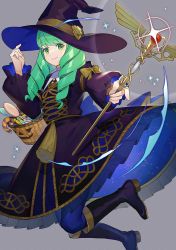 Rule 34 | 1girl, basket, boots, candy, fire emblem, fire emblem: three houses, fire emblem heroes, flayn (fire emblem), food, green eyes, green hair, halloween, hat, highres, kyufe, long hair, looking at viewer, nintendo, pantyhose, school uniform, simple background, solo, staff, witch hat