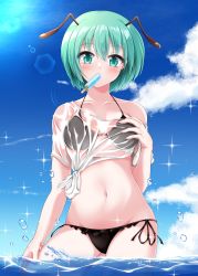 Rule 34 | 1girl, absurdres, alternate costume, bikini, bikini under clothes, black bikini, blue sky, blush, breasts, cloud, commentary request, cowboy shot, day, expressionless, food, food in mouth, frilled bikini, frills, green eyes, green hair, hair between eyes, highres, looking at viewer, medium breasts, muki (munikichan), navel, ocean, open mouth, popsicle, popsicle in mouth, shirt, short hair, side-tie bikini bottom, sky, solo, swimsuit, tied shirt, touhou, water, wet, wet clothes, wet shirt, white shirt, wriggle nightbug