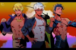 Rule 34 | 3boys, abs, alternate costume, archer (fate), archer (summer casual) (fate), bad id, bad twitter id, blonde hair, blue hair, brown eyes, covered abs, cu chulainn (caster) (fate), cu chulainn (fate), cu chulainn (fate/stay night), cu chulainn (second ascension) (fate), dark-skinned male, dark skin, earrings, eriko-(erk ecory), fate/grand order, fate (series), fishing rod, gilgamesh, gilgamesh (caster) (fate), gilgamesh (establishment) (fate), gilgamesh (fate), hand on own hip, highres, jewelry, large pectorals, male focus, multiple boys, muscular, nipples, official alternate costume, pectorals, red eyes, tank top, toned, toned male, topless male, undressing, white hair