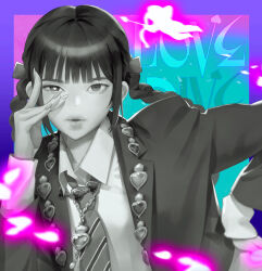 Rule 34 | 076kim, 1girl, absurdres, blazer, border, braid, collared shirt, greyscale with colored background, hair behind ear, hair ribbon, hand on own hip, heart, heart in eye, highres, ive (group), jacket, k-pop, leaning to the side, light particles, looking at viewer, love dive (ive), necktie, parted lips, portrait, purple border, real life, rei (ive), ribbon, shirt, solo, song name, symbol in eye, twin braids