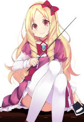 Rule 34 | 10s, 1girl, absurdres, arm at side, blonde hair, bow, bowtie, brooch, brown eyes, closed mouth, criss-cross halter, dress, drill hair, eromanga sensei, frilled dress, frilled skirt, frilled sleeves, frills, hair bow, hairband, halterneck, hand up, highres, holding, jewelry, knees up, layered sleeves, lolita fashion, long hair, long sleeves, looking at viewer, lying, parted bangs, peng yong, pink dress, pointy ears, puffy short sleeves, puffy sleeves, red bow, red bowtie, red hairband, short over long sleeves, short sleeves, sidelocks, simple background, sitting, skirt, smile, solo, thighhighs, twin drills, white background, white thighhighs, yamada elf