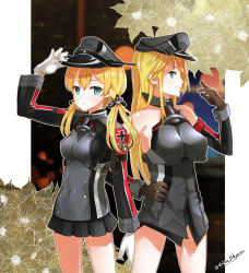 Rule 34 | 10s, 2girls, anchor hair ornament, bare shoulders, bismarck (kancolle), blonde hair, blush, breasts, brown gloves, cross, detached sleeves, eight tohyama, gloves, hair ornament, hand on own hip, hat, iron cross, kantai collection, large breasts, long hair, long sleeves, looking at viewer, microskirt, military, military hat, military uniform, multiple girls, peaked cap, prinz eugen (kancolle), skirt, smile, twintails, twitter username, uniform, white gloves