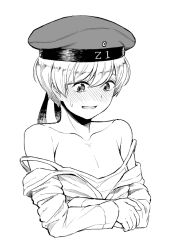 Rule 34 | 10s, 1girl, androgynous, bare shoulders, blush, breasts, camisole, clothes down, clothes writing, collarbone, embarrassed, greyscale, hat, kantai collection, long sleeves, looking down, monochrome, nathaniel pennel, off shoulder, sailor hat, shirt, short hair, simple background, small breasts, solo, sweatdrop, upper body, very short hair, white background, z1 leberecht maass (kancolle)
