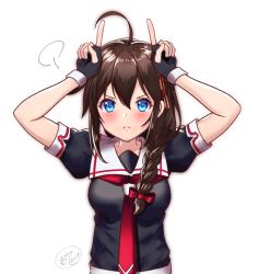 Rule 34 | 1girl, 2019, :t, ahoge, arms up, bad id, bad pixiv id, black gloves, black shirt, blue eyes, blush, braid, braided ponytail, brown hair, bunny ears prank, fingerless gloves, gloves, hair between eyes, hair ornament, hair over shoulder, ittokyu, kantai collection, long hair, looking at viewer, neckerchief, red neckerchief, sailor collar, shigure (kancolle), shirt, short sleeves, simple background, single braid, solo, upper body, v-shaped eyebrows, white background, white sailor collar