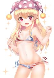 Rule 34 | 1girl, :d, adapted costume, american flag bikini, bad id, bad pixiv id, bare arms, bikini, blonde hair, breasts, clownpiece, collarbone, contrapposto, cowboy shot, fang, flag print, gluteal fold, hair between eyes, hat, highres, jester cap, long hair, looking at viewer, navel, open mouth, papo, red eyes, side-tie bikini bottom, simple background, small breasts, smile, solo, sparkle, standing, swimsuit, tareme, touhou, white background