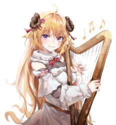 Rule 34 | 1girl, absurdres, animal ears, blonde hair, blush, bow, breasts, closed mouth, cocoballking, dress, fur-trimmed dress, fur trim, hair between eyes, harp, highres, holding, holding instrument, hololive, horns, instrument, large breasts, long hair, looking at viewer, music, playing instrument, purple eyes, red bow, sheep ears, sheep girl, sheep horns, solo, tsunomaki watame, tsunomaki watame (1st costume), upper body, very long hair, virtual youtuber, white dress