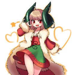 Rule 34 | 1girl, anmita (rarutos), brown hair, coat, curled horns, dress, fang, flat chest, fur-trimmed coat, fur-trimmed sleeves, fur trim, green horns, heart, horn piercing, horns, imaginary toutetsu, jewelry, looking at viewer, multicolored clothes, multicolored dress, necklace, open clothes, open coat, open mouth, original, red coat, red eyes, short dress, short hair, skin fang, smile, solo, tooth necklace, touhou, toutetsu yuuma, white background
