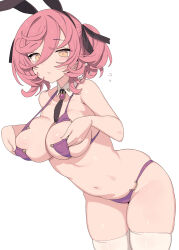 1girl animal_ears between_breasts bikini black_necktie blade_(galaxist) breasts fake_animal_ears florida_bikini highres large_breasts looking_at_viewer meme_attire navel necktie necktie_between_breasts original pink_hair purple_bikini rabbit_ears simple_background solo swimsuit thighhighs white_background white_thighhighs yellow_eyes