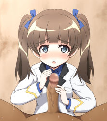 Rule 34 | 10s, 1boy, 1girl, blue eyes, blush, brave witches, brown hair, georgette lemare, hair ornament, hiraga daidai, penis, ribbon, strike witches, twintails, uncensored, world witches series