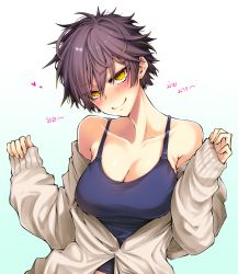 Rule 34 | 1girl, arms up, b landforce, bare shoulders, blue tank top, breasts, brown hair, cleavage, ear piercing, gradient background, hair strand, heart, highres, large breasts, looking at viewer, multicolored hair, original, piercing, shirt partially removed, short hair, sleeves past wrists, smile, solo, streaked hair, tank top, tomboy, yellow eyes