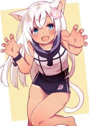 Rule 34 | 1girl, amacha, anchor, animal ears, armband, blue eyes, blush, cat ears, cat tail, claw pose, commentary request, fang, flower, hair flower, hair ornament, kantai collection, kemonomimi mode, legs, long hair, looking at viewer, one-piece swimsuit, open mouth, ro-500 (kancolle), school swimsuit, school uniform, serafuku, simple background, solo, standing, swimsuit, swimsuit under clothes, tail, tan, tanline, thighs, white hair