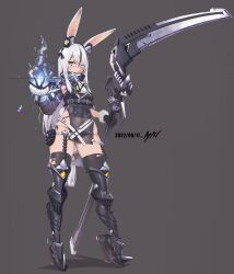 Rule 34 | 1girl, animal ears, armor, armpits, artist name, ayaki, belt, black gloves, black hair, black panties, black thighhighs, blue eyes, breasts, dated, fire, full body, fur trim, gloves, greaves, grey background, high heels, highres, holding, holding scythe, long hair, magic, medium breasts, multicolored hair, original, panties, pouch, rabbit ears, scythe, see-through, simple background, solo, streaked hair, thighhighs, torn clothes, torn thighhighs, two-tone hair, underwear, white hair