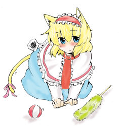 Rule 34 | 1girl, akituki-7, alice margatroid, all fours, angry, animal ears, bad id, bad pixiv id, ball, blonde hair, blue eyes, blush, cat ears, cat girl, cat tail, cat teaser, collar, female focus, highres, kemonomimi mode, ribbon, simple background, sketch, solo, tail, tail ornament, tail ribbon, touhou